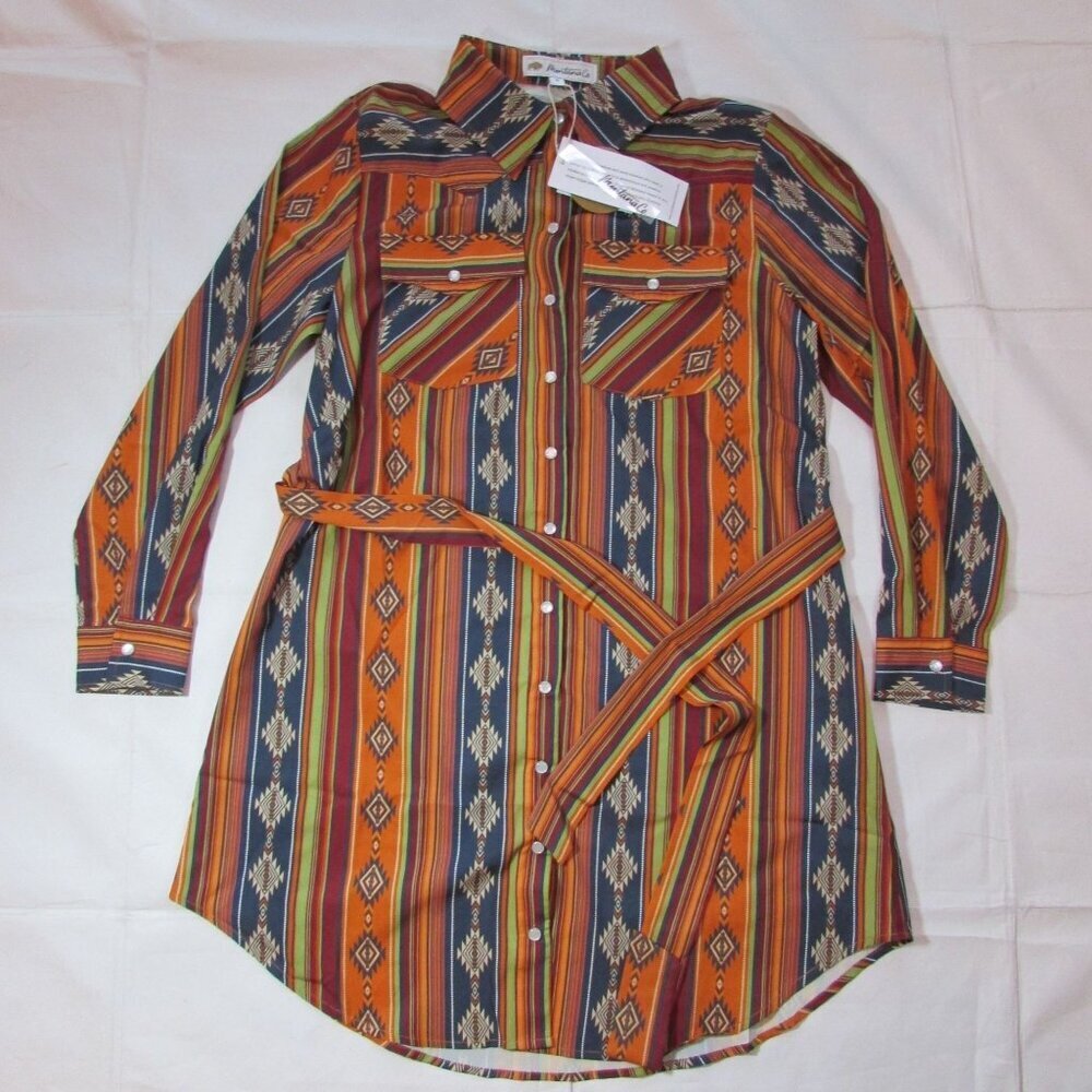 Montana Co Women's Long Sleeve Aztec Stripe Snap Shirt Dress Multi